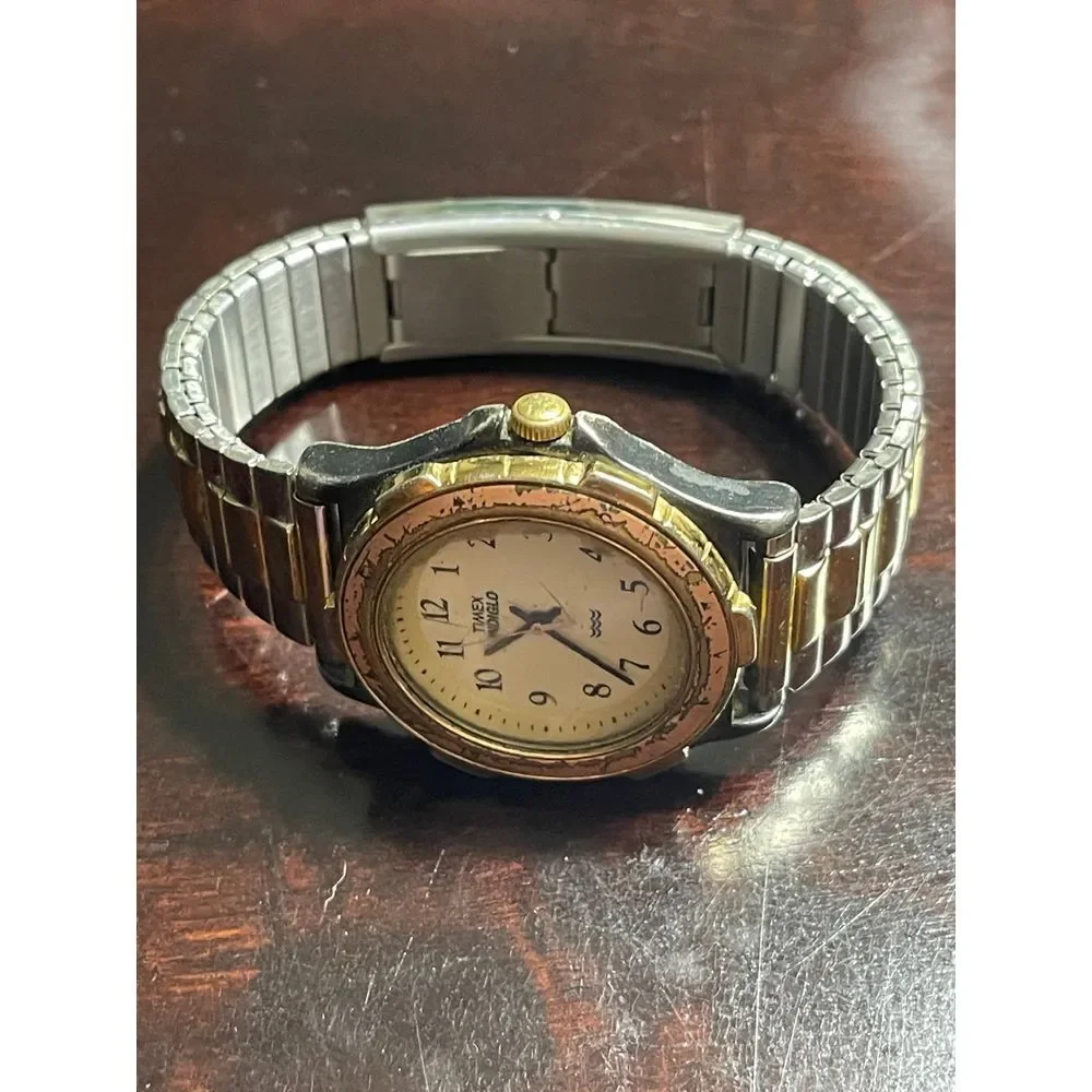 Timex‎ Two-Tone Classic Analog Watch with Gold Bezel and Expandable Band @J